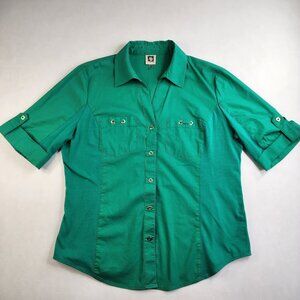 Anne Klein Size L Casual V Neck Top Green Pockets Stretch Button Festive Casual